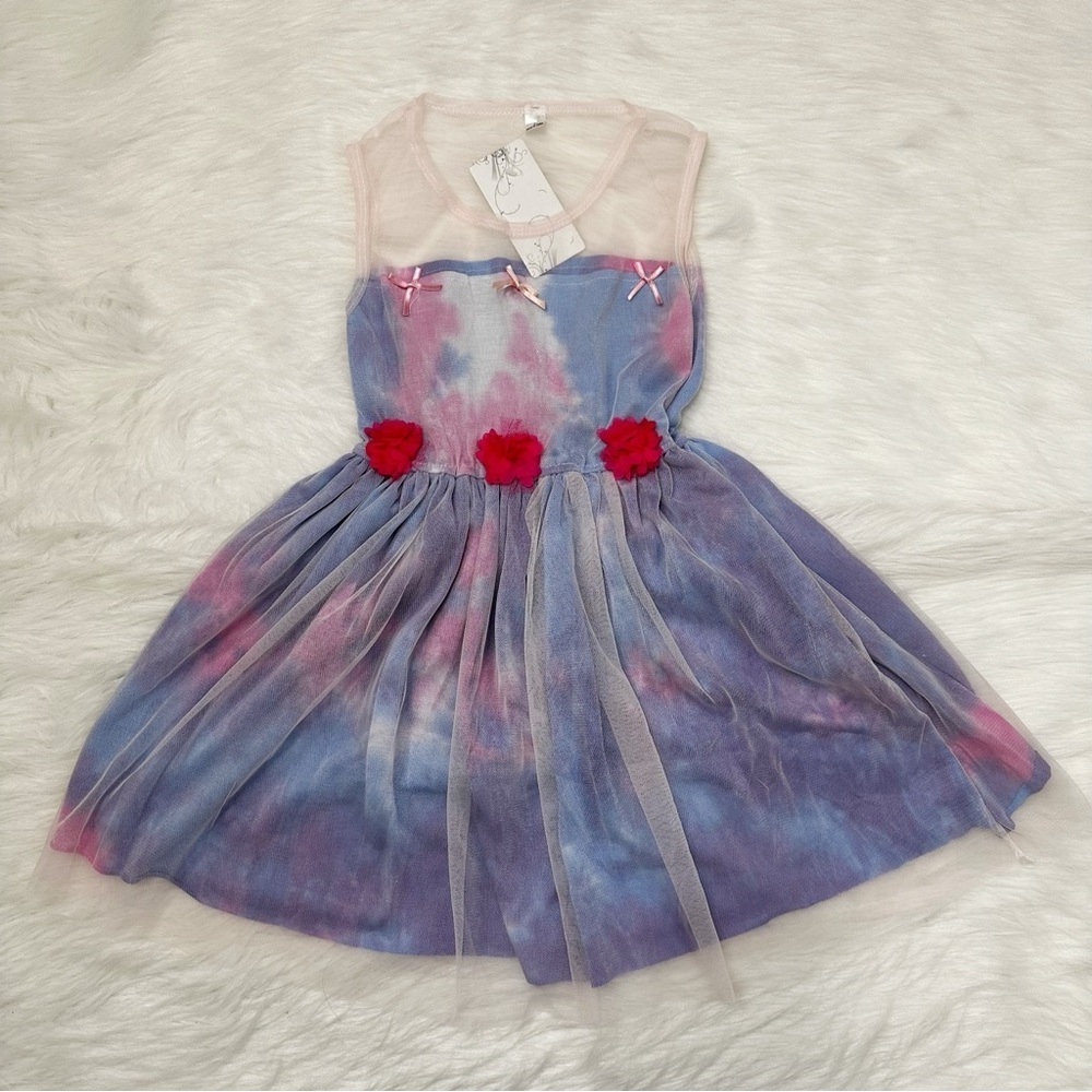 NWT Girls Size 7T Boho Pink Blue Tie Dye Floral Bow Embellised Tutu Dress